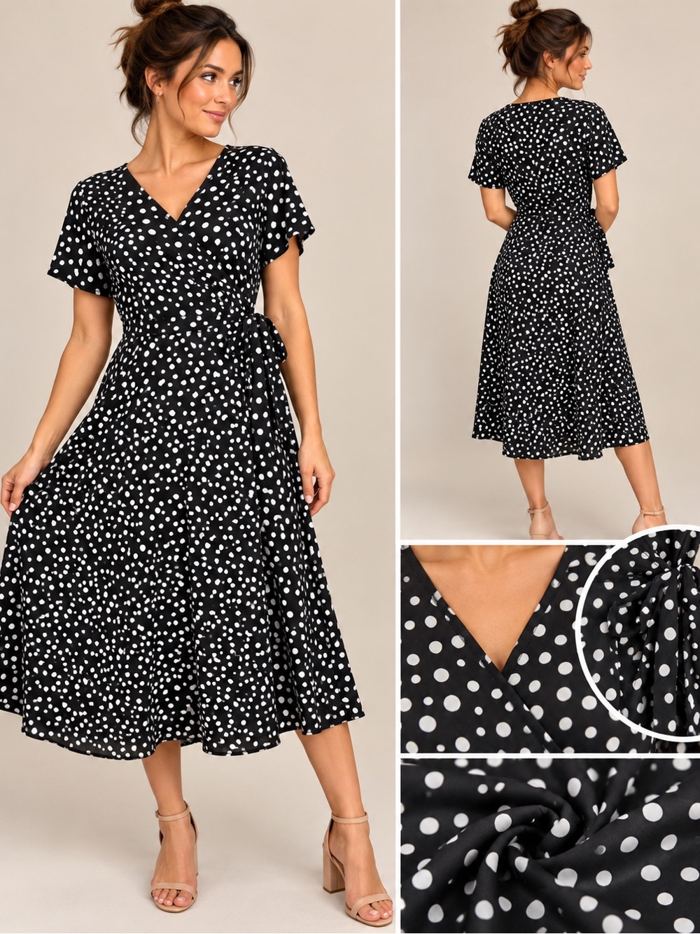 Kaileigh Black & White Polka Dot Wrap Midi Dress
